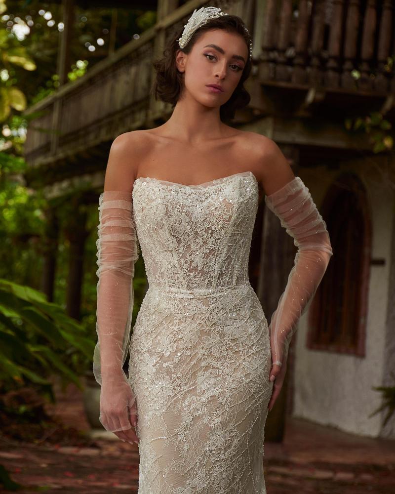Lp2316 strapless sheath wedding dress with sleeves off the shoulder1
